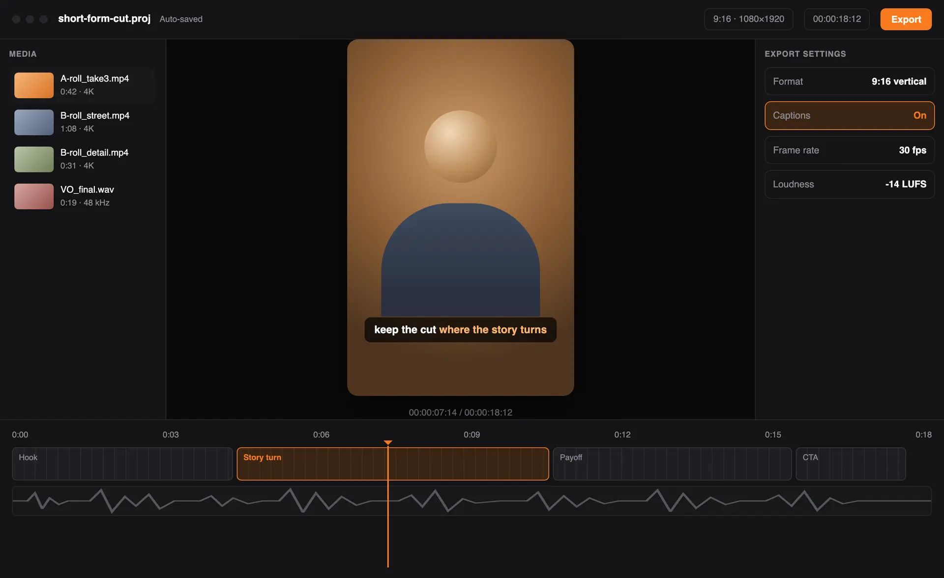 The Champagne Edit editing workspace: media list, vertical preview with a caption, and a timeline with four clips