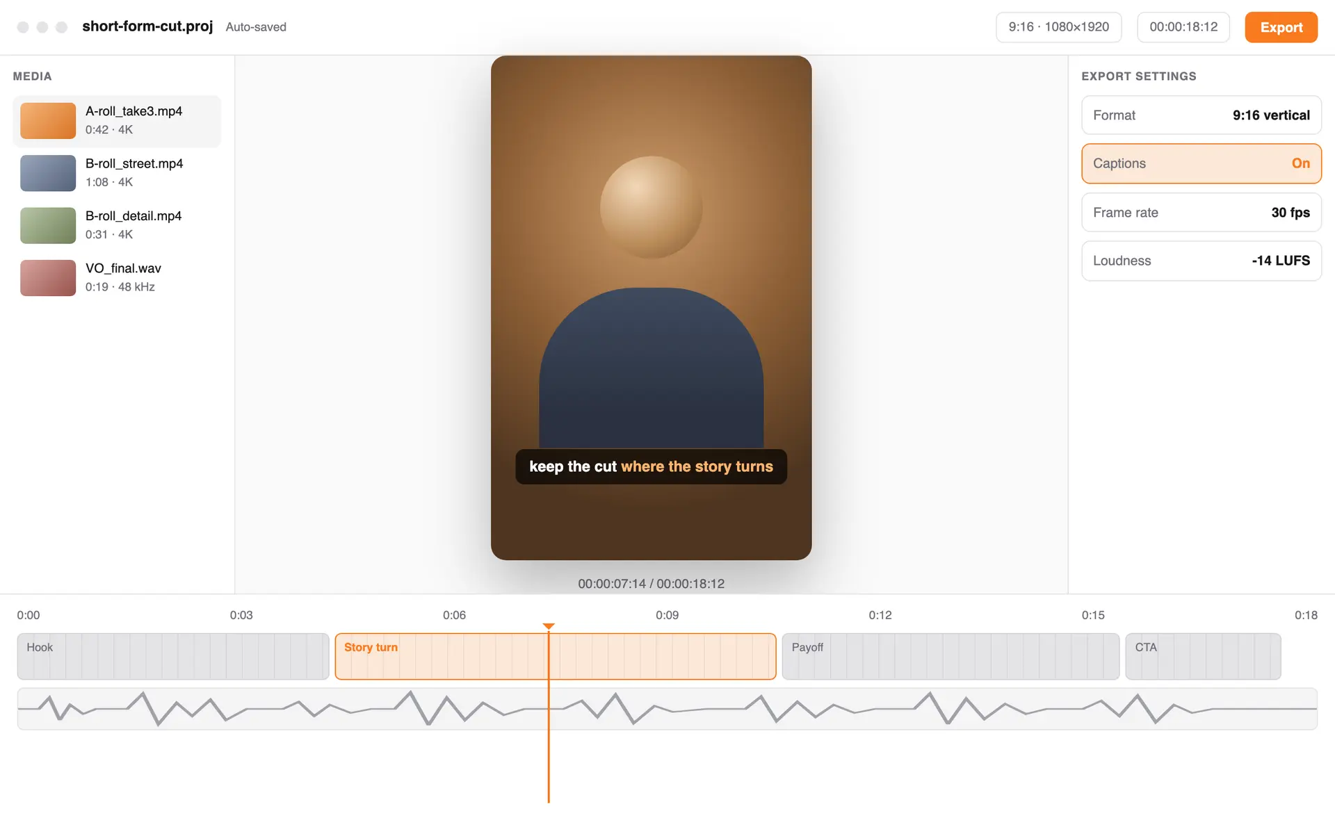 The Champagne Edit editing workspace: media list, vertical preview with a caption, and a timeline with four clips